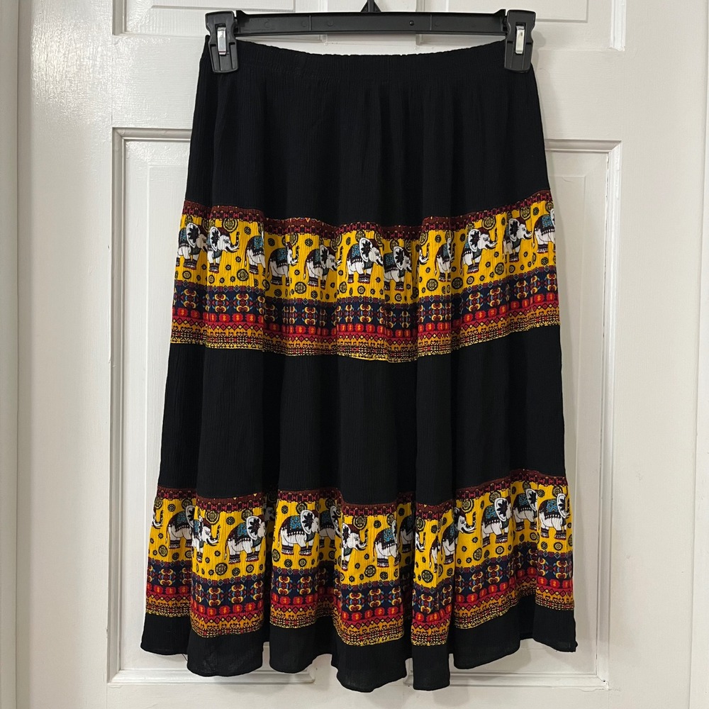 Thailand Elephant Tiered Skirt Sz Boho Gauze Midi Festival Hippie Gypsy